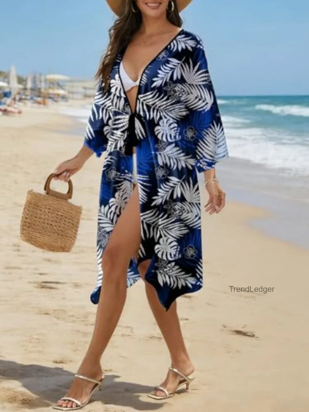 Tropical Swim Cover Up Cardigan 3/4 Sleeve Drawstring Waist One Size